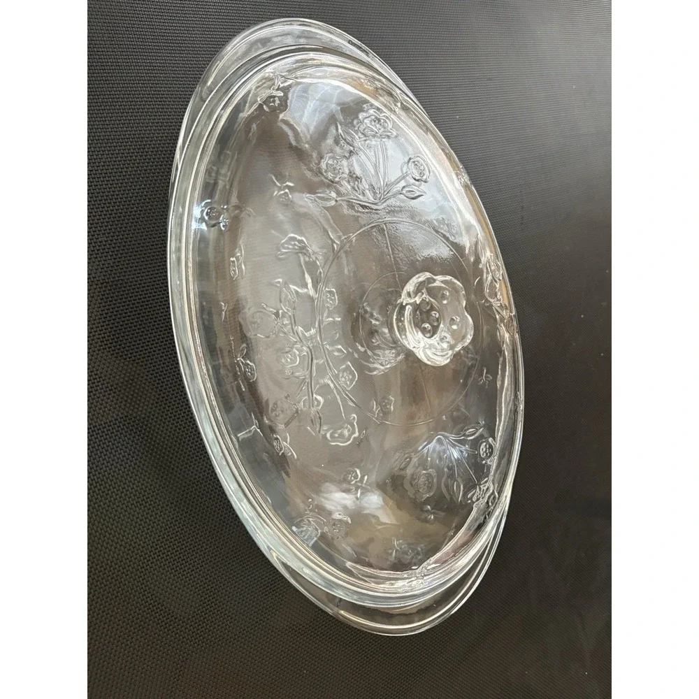 Vintage AnchorHocking SAVANNAH Floral Glass Oval 2 Qt Casserole Dish w/Lid 13x8
